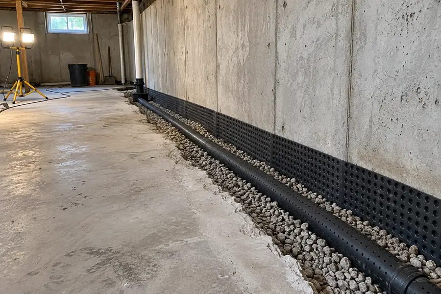 Interior drainage channel along a basement wall with a perforated pipe on gravel.