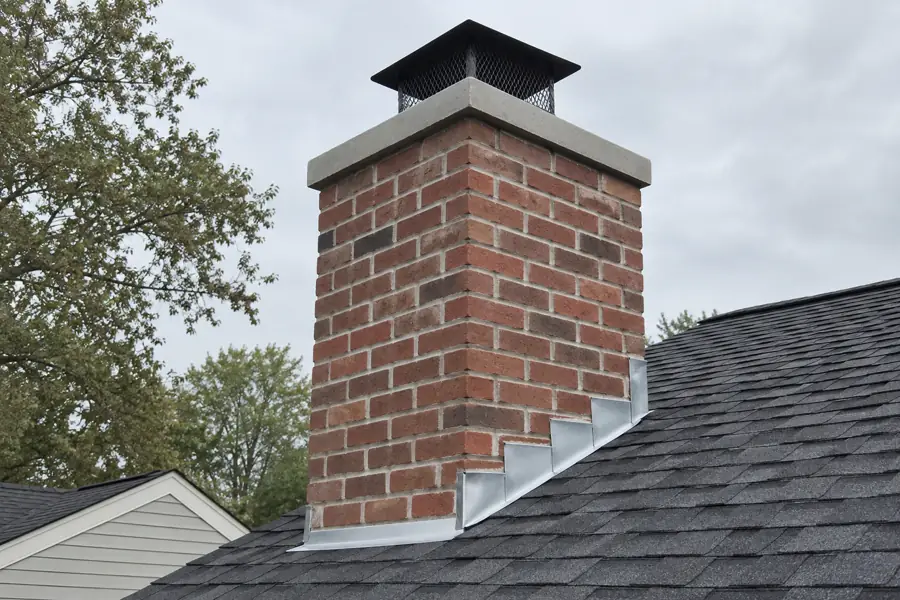 Repointed brick chimney with a new concrete crown, cap and step flashing.