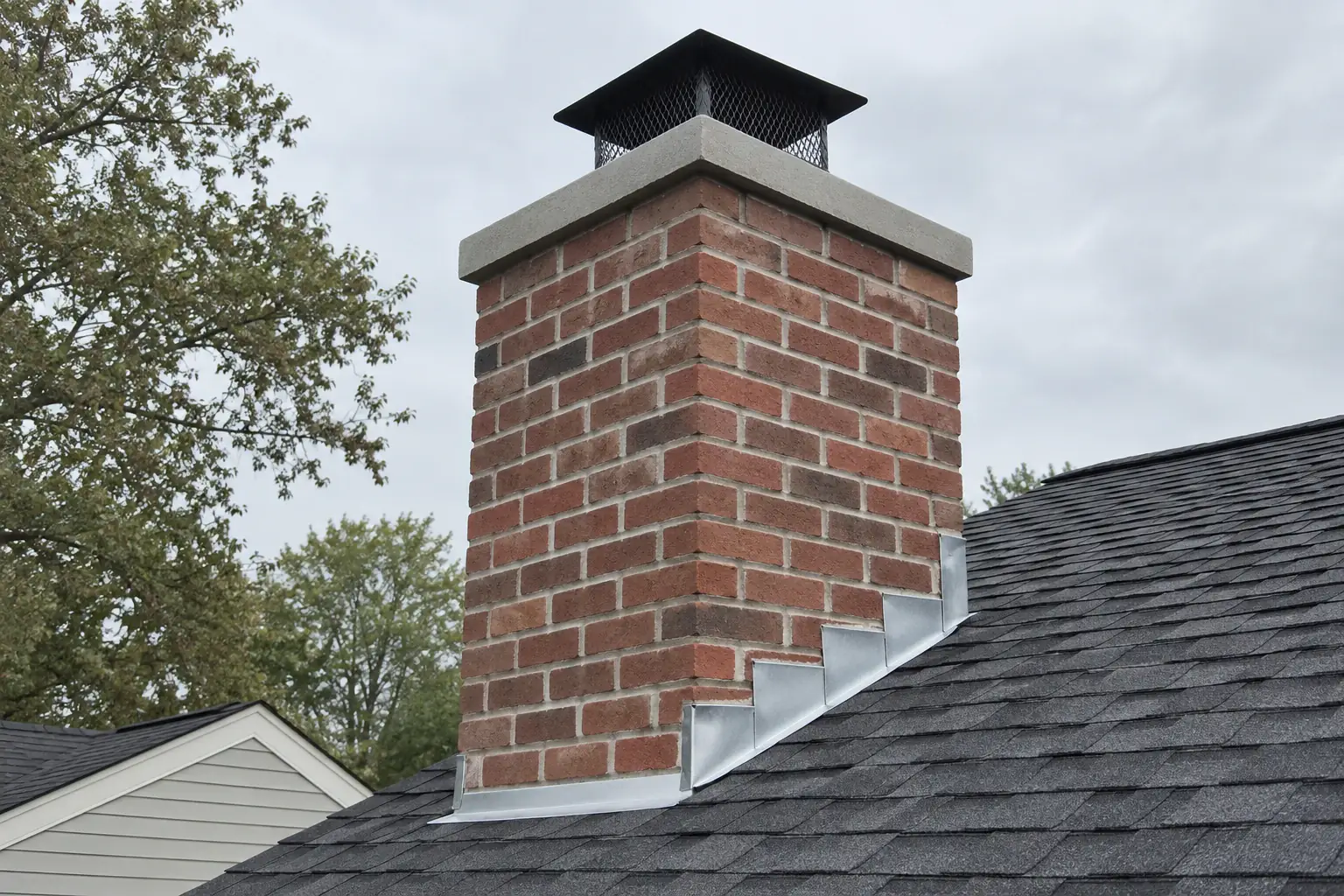 Red brick chimney on a charcoal shingle roof with fresh mortar joints, a new concrete crown, a cap and step flashing.