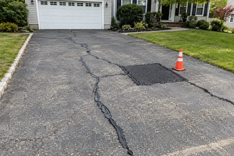Asphalt driveway with sealed cracks and a new patch.