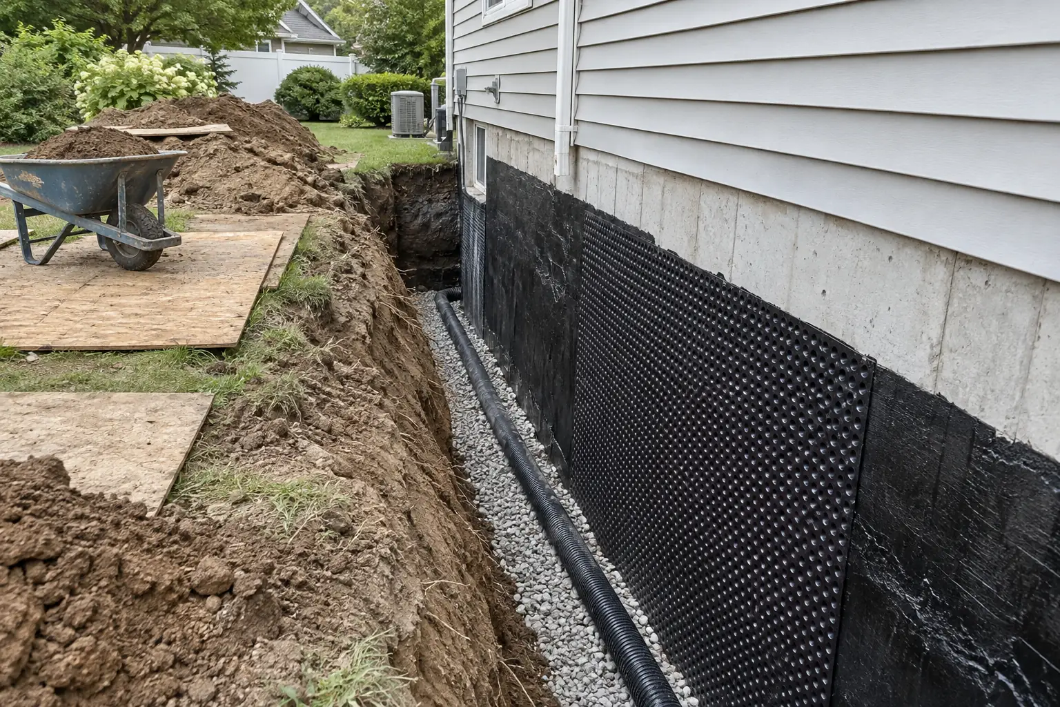 Foundation wall excavated for exterior waterproofing, with a membrane, drainage board and a perforated drain pipe in gravel.