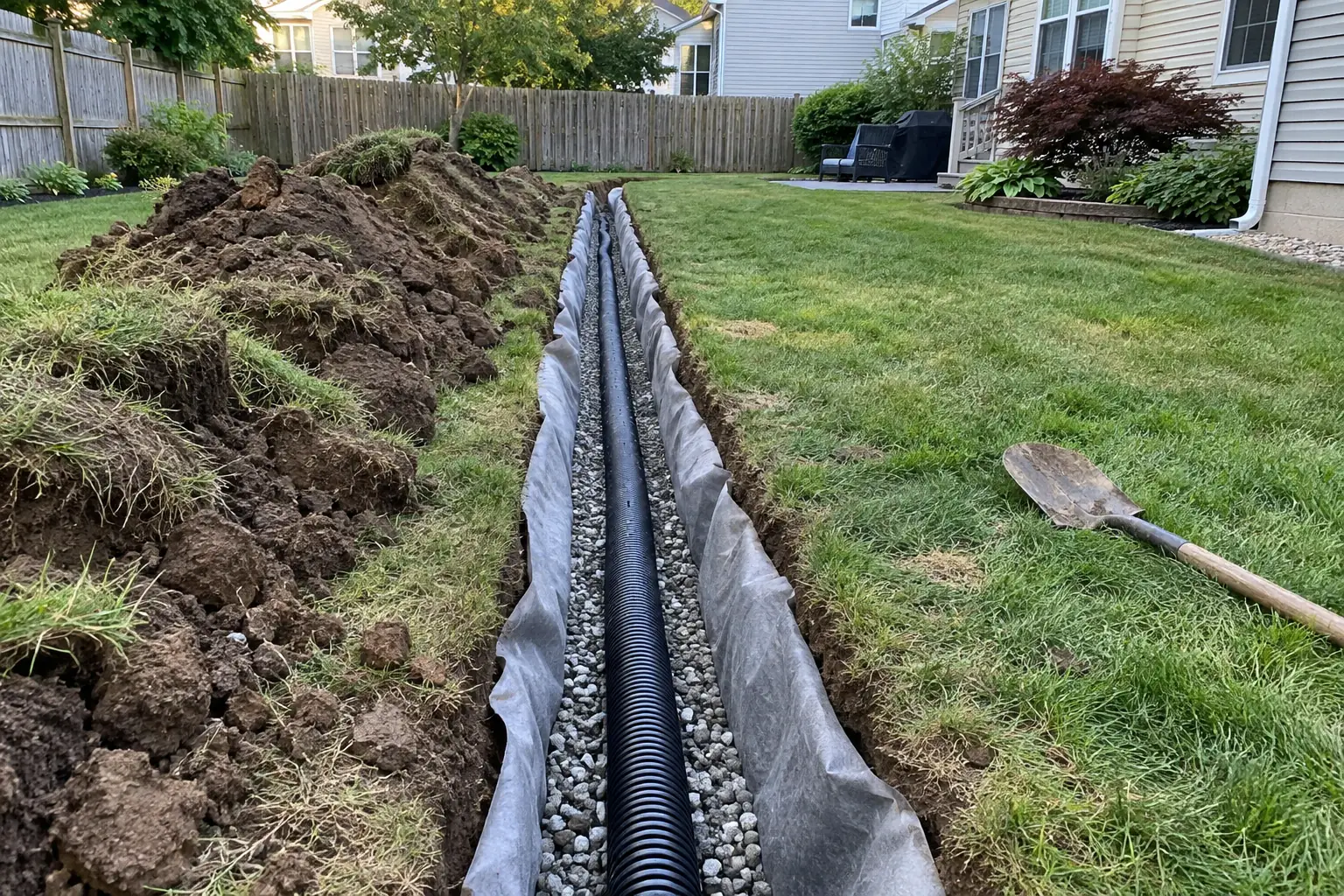 French drain trench across a back yard lawn, lined with filter fabric, part filled with gravel around a perforated pipe.