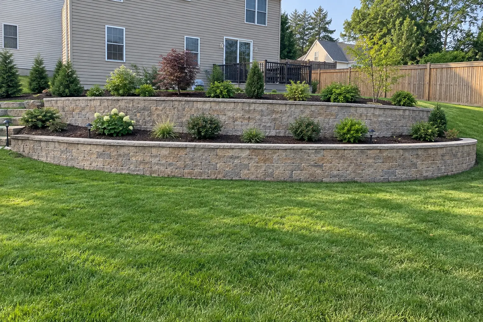 Two-tier segmental block retaining wall holding back a planted slope in a New Jersey back yard.