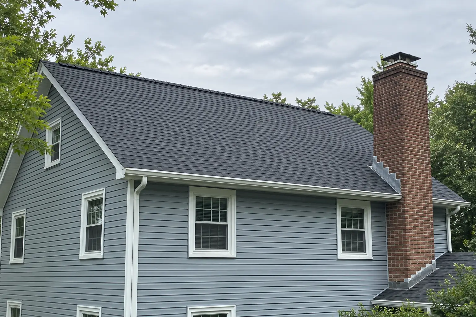 Charcoal architectural shingle roof with stepped chimney flashing on a blue-gray New Jersey colonial.