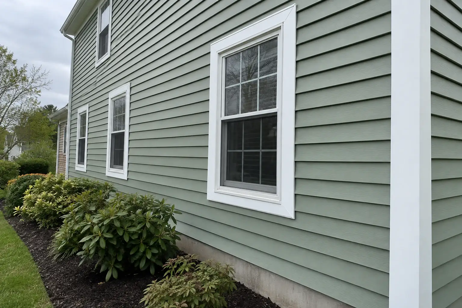 Side wall of a New Jersey colonial with new sage green vinyl siding and white window and corner trim.
